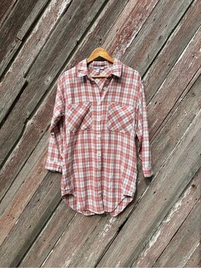 BB Dakota Cotton Plaid Tunic Shirt Dress Pockets Dusty Pink Small
